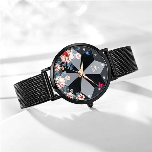 Ultra Thin Minimalist Starry Sky Flower Dial Women Watch with Stainless Steel - Picture 3 of 6